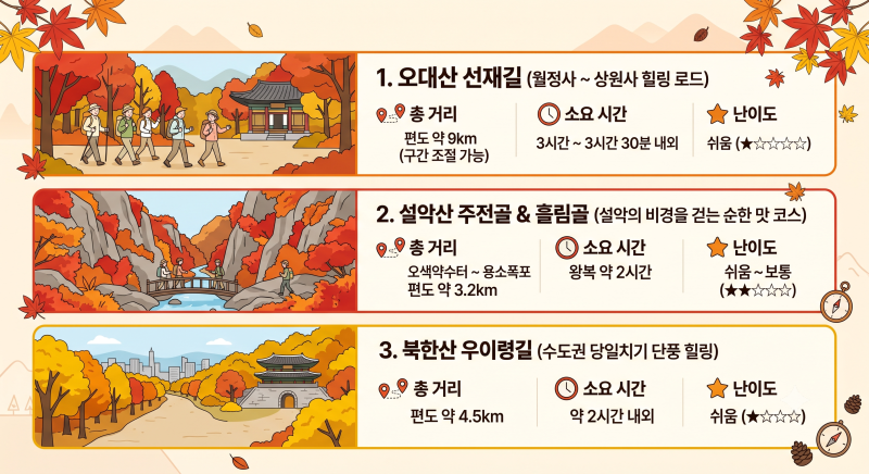 2026 가을 단풍 명산 코스 3곳 추천! 10월 절정 예상일 및 주차 꿀팁 한눈에 보기