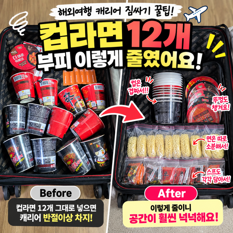 해외여행 캐리어 짐싸기 꿀팁, 컵라면 12개 부피 이렇게 줄였어요!