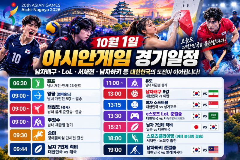 10월 1일 아시안게임 경기일정, 한국-이란 배구 8강·페이커 LoL 4강·서채현 금메달 도전