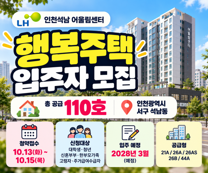 인천석남 어울림센터 행복주택 모집｜청년·대학생·신혼부부 등 110호
