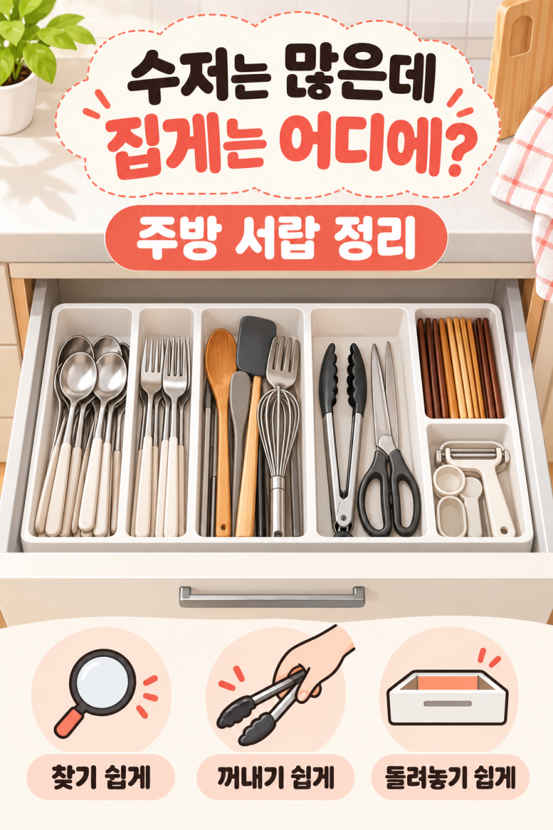 수저는 많은데 집게는 안 보인다면｜주방 서랍 정리, 자리부터 바꿔보세요
