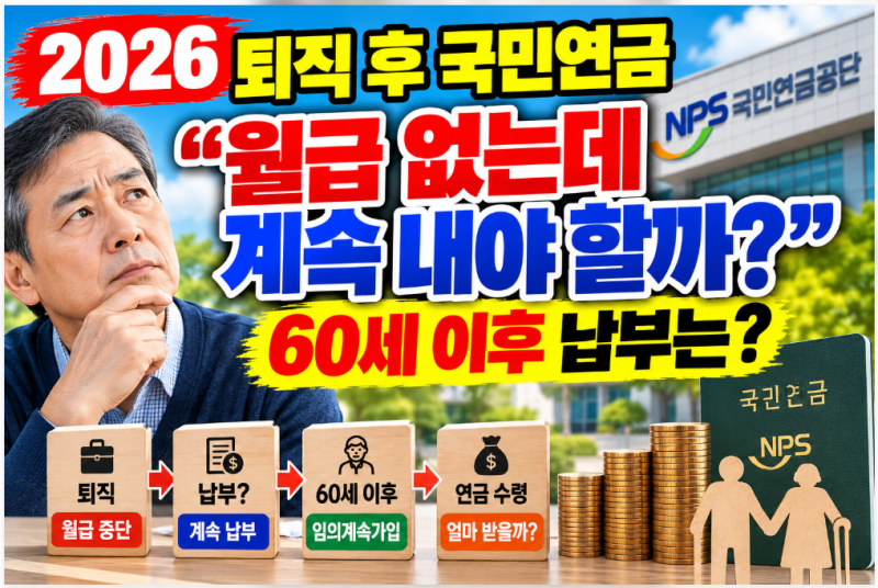 2026 퇴직 후 국민연금 “월급 없는데 계속 내야 할까?” 60세 이후 납부는
