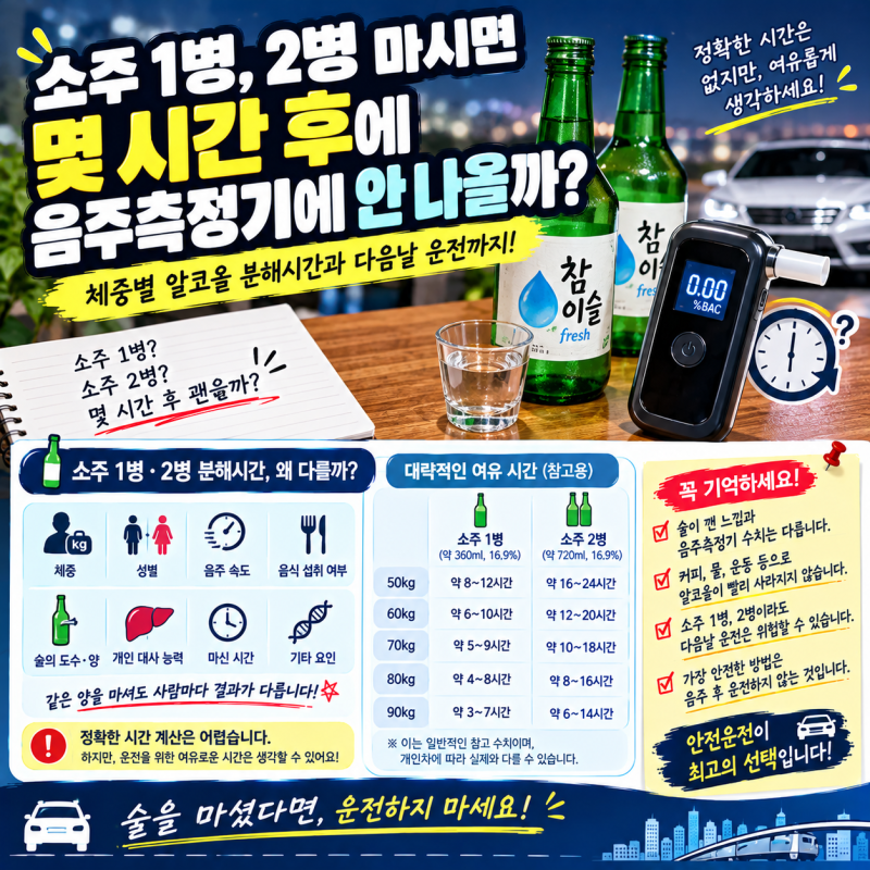 소주 1병·2병 마시면 몇 시간 후 괜찮을까?｜체중별 알코올 분해시간과 다음날 운전