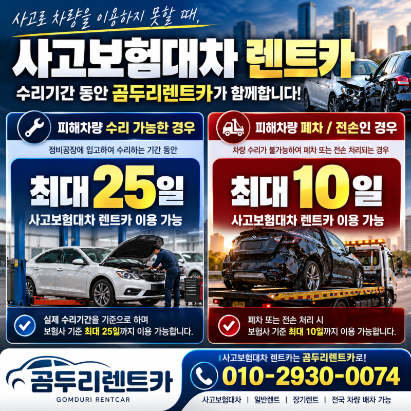 사고피해 자동차 수리기간 사고보험대차 렌트카 이용 가능 기간