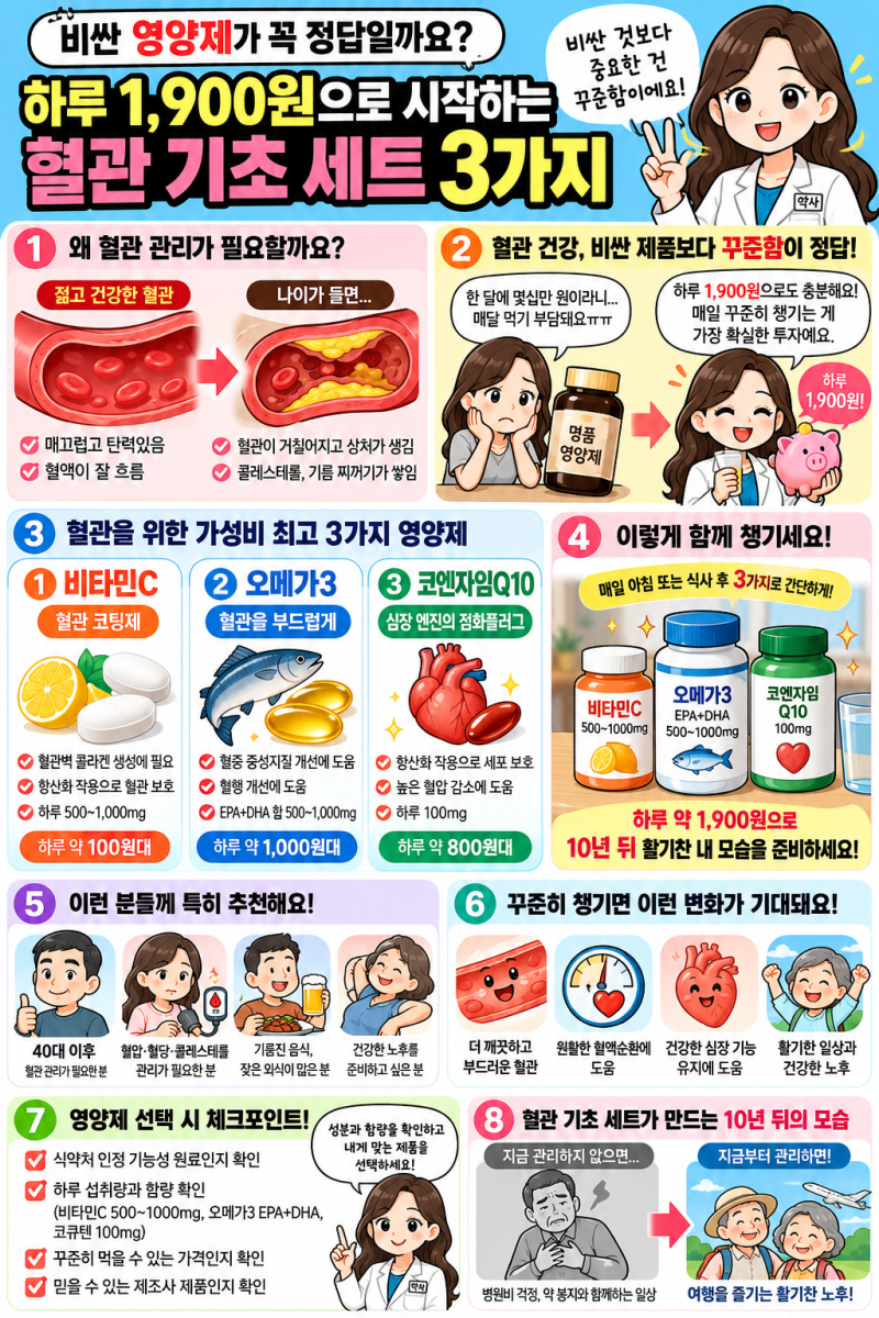 혈관 영양제 추천｜40대부터 챙기기 좋은 오메가3·코엔자임Q10·비타민C