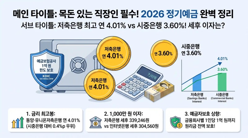 2026 정기예금 금리비교 총정리: 저축은행 최고 4.01% vs 시중은행 3.60% 세후 이자 계산기 & 파킹....