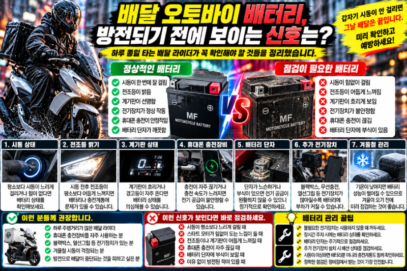 배달 오토바이 배터리, 방전되기 전에 보이는 신호는? 하루 종일 타는 라이더가 확인할 것