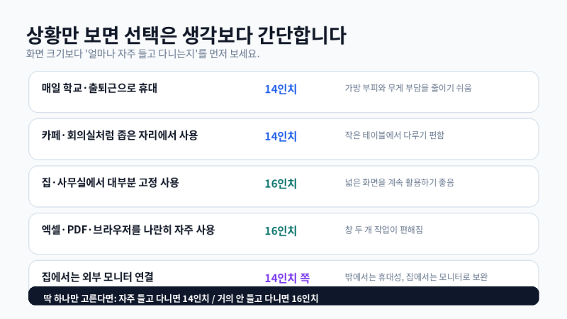 노트북 14인치 vs 16인치, 대학생·직장인이라면 뭐가 맞을까?