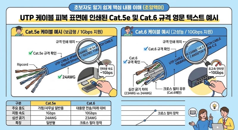 집 랜선 카테고리 확인법: Cat.5e Cat.6 차이와 1G 기가비트 속도 확인 팁
