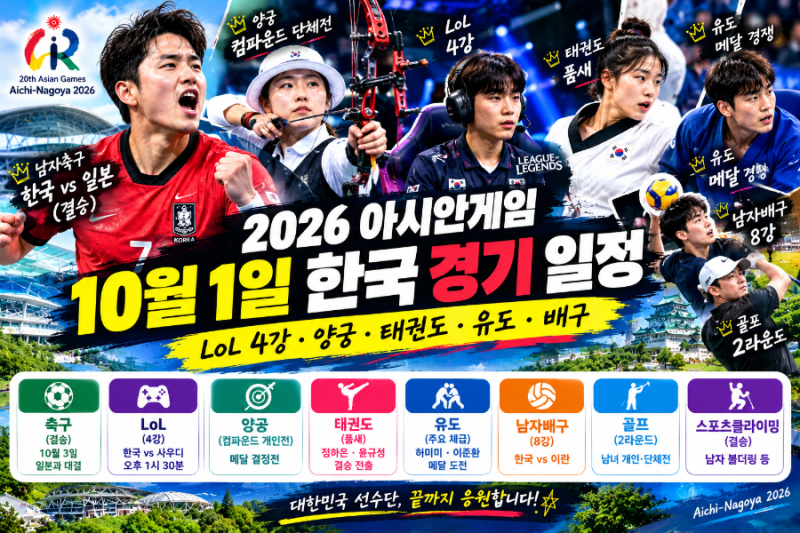 2026 아시안게임 10월 1일 한국 경기 일정 총정리! LoL 4강·양궁·태권도·유도·배구