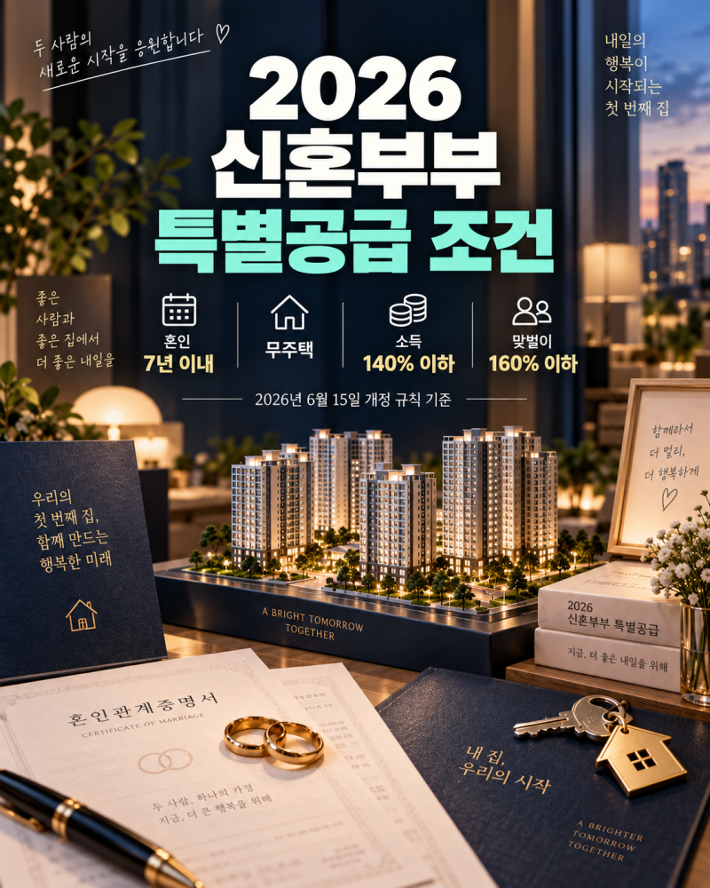 2026 신혼부부 특별공급 조건｜혼인 7년·무주택·소득 140%·맞벌이 160%