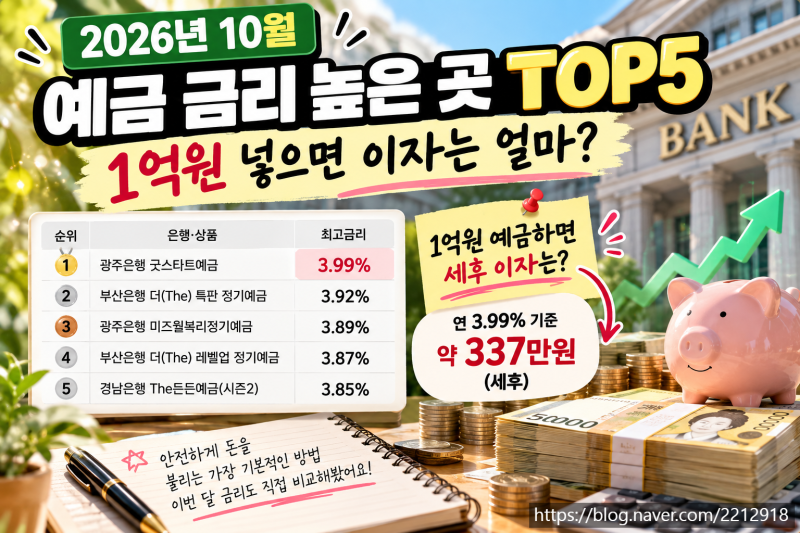 2026년 10월 예금 금리 높은 곳 TOP5, 1억원 넣으면 이자는 얼마?
