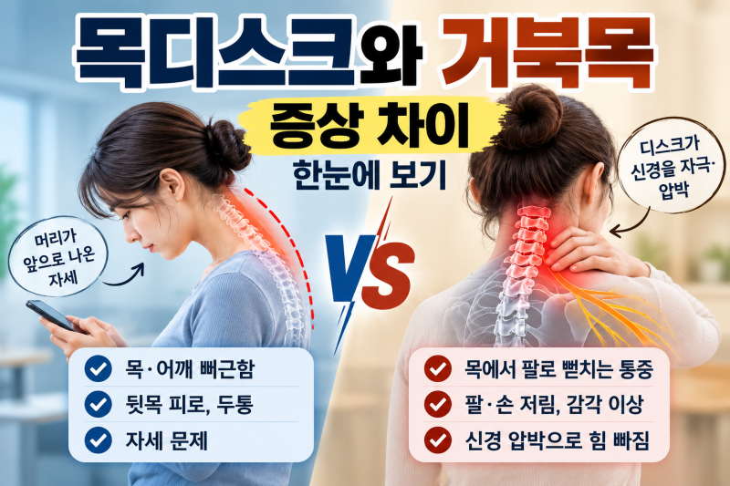 목디스크와 거북목 증상 차이｜목·어깨 통증과 팔 저림으로 구별할 수 있을까?