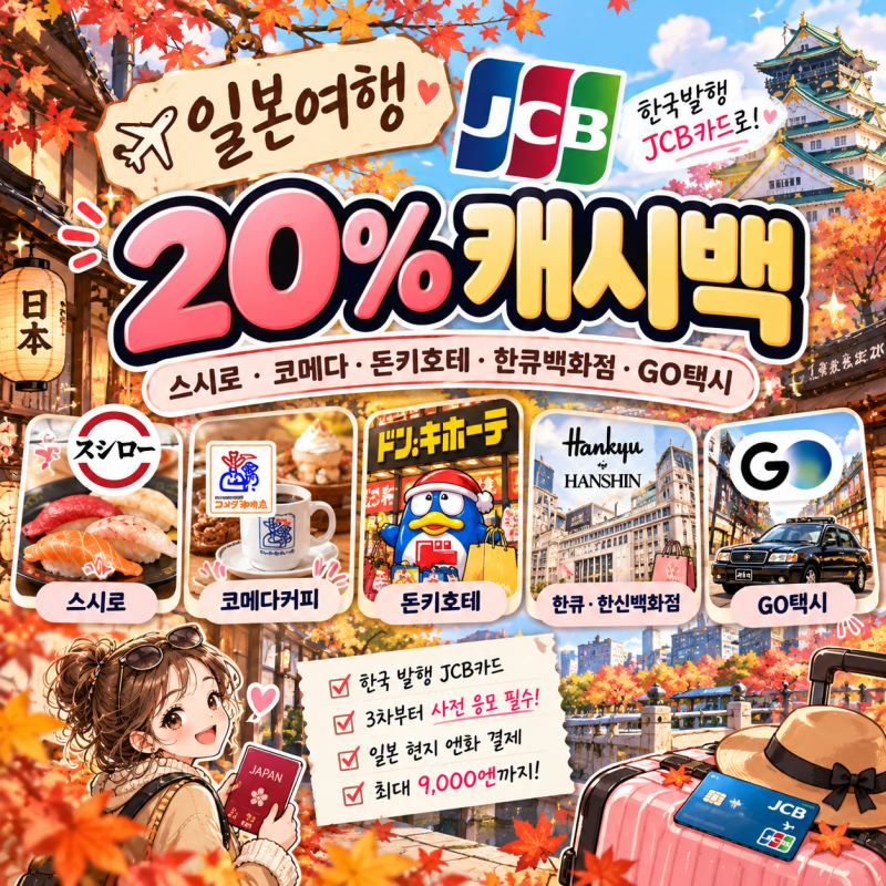일본여행 JCB카드 20% 캐시백스시로·코메다커피·돈키호테·한큐백화점·GO택시