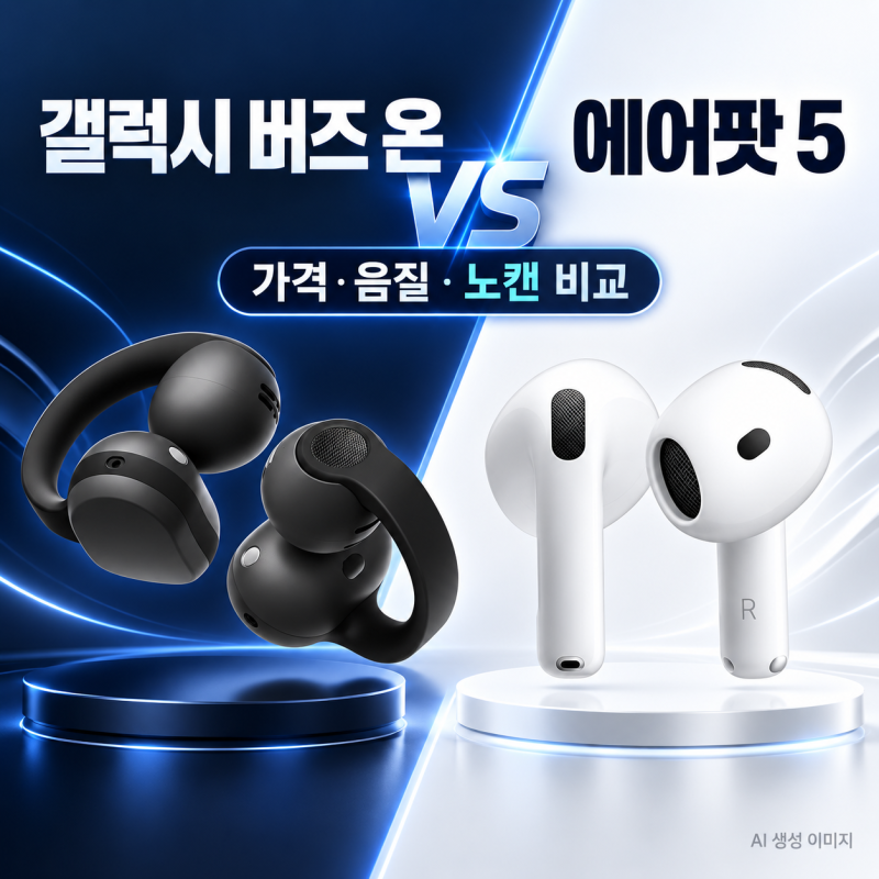 갤럭시 버즈 온 vs 에어팟 5 비교｜가격·음질·노이즈 캔슬링·배터리 총정리