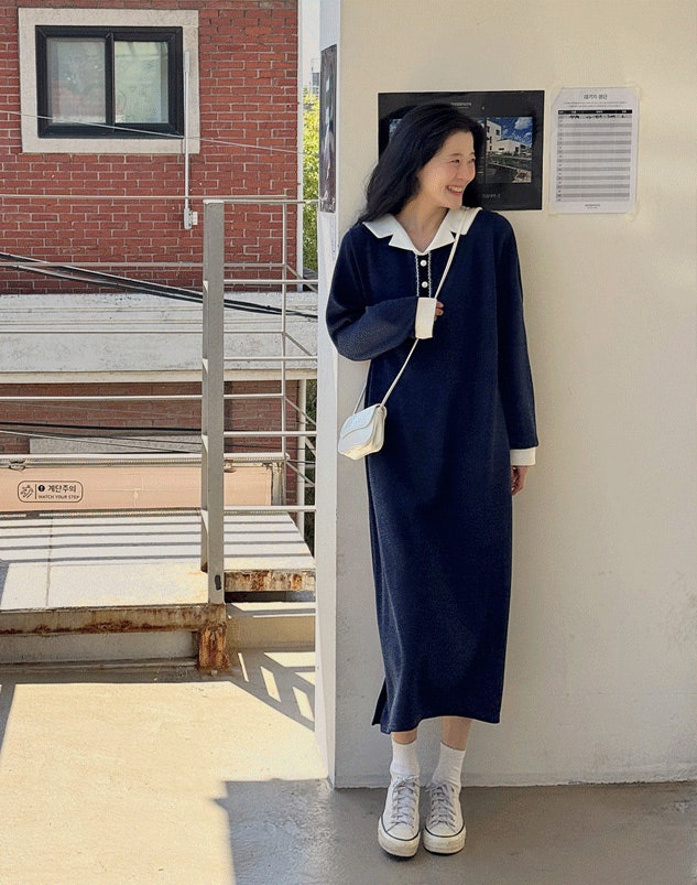 가을 배색 플랫 카라 브이넥 롱 원피스 긴팔 무지 여성 빅사이즈