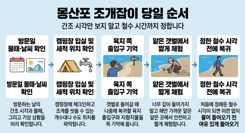 태안 몽산포 캠핑장 물때 확인과 조개잡이 준비물 정리