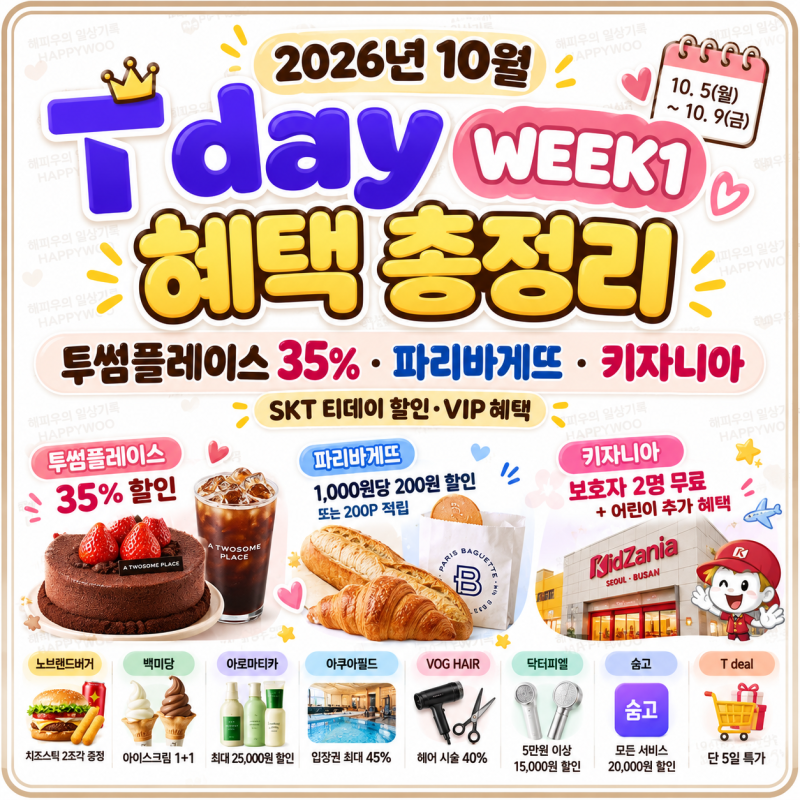 2026년 10월 T day WEEK1 혜택 총정리｜투썸플레이스 35%·파리바게뜨·키자니아 SKT 티데이 혜택
