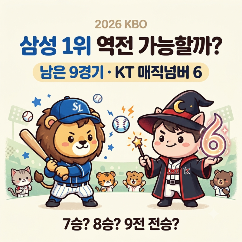삼성 라이온즈 1위 역전 가능할까?｜남은 9경기 몇 승 필요·KT 우승 매직넘버 6