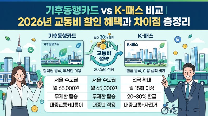 기후동행카드 vs K-패스 비교｜2026년 교통비 할인 혜택과 차이점 총정리