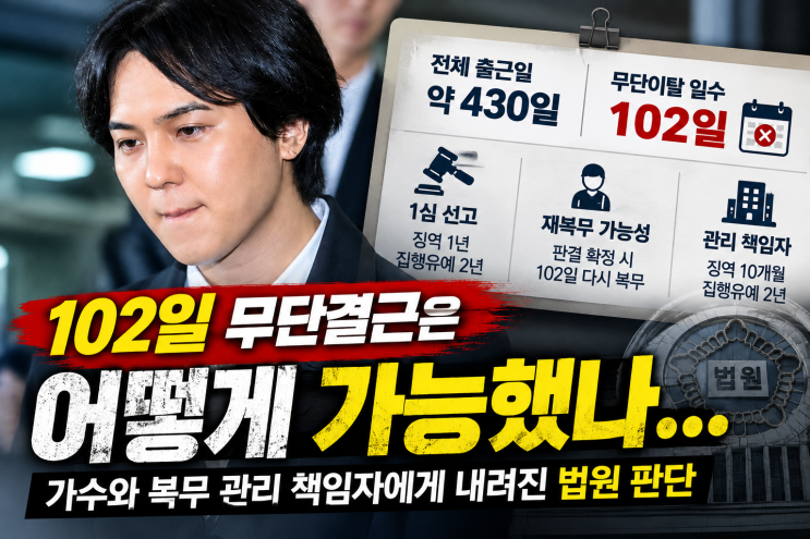 102일 무단결근은 어떻게 가능했나…가수와 복무 관리 책임자에게 ....