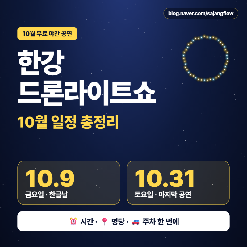 [행사] 한강 드론라이트쇼 10월 일정 총정리｜10월 9일·31일 시간, 명당, 주차까지 (뚝섬한강공....