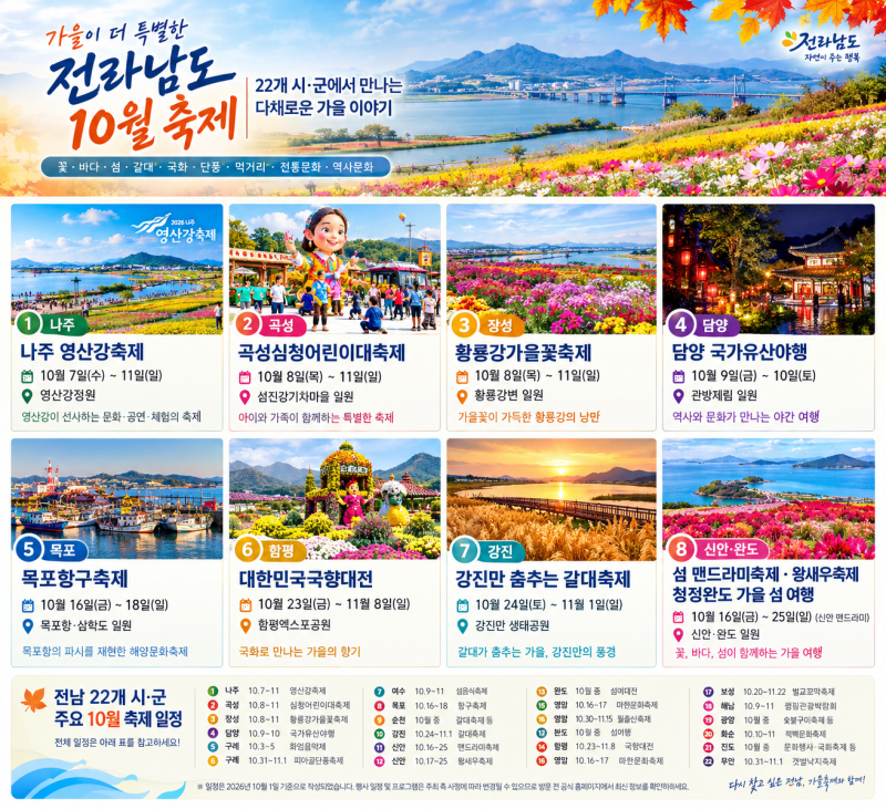 2026년 10월 전남 축제 총정리｜22개 시·군 가을축제 일정 총집합, 여기 다 있습니다
