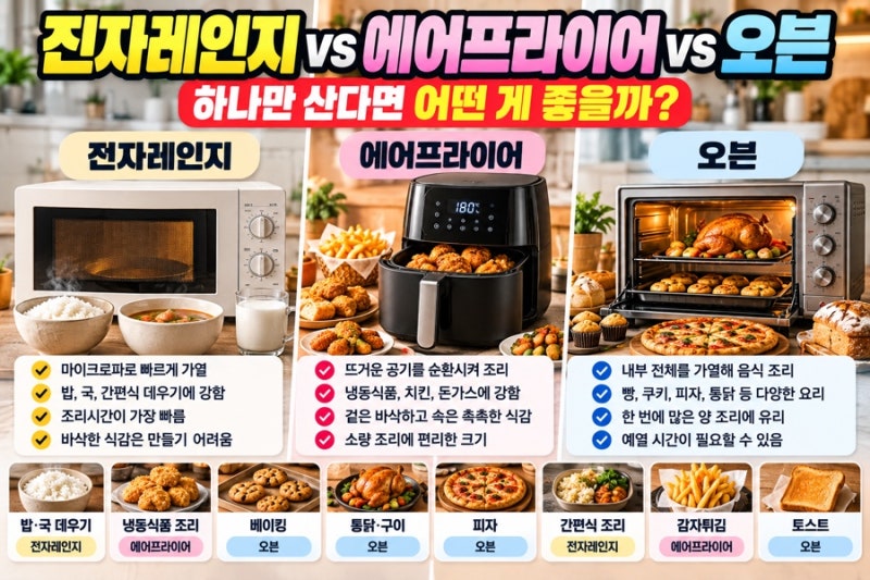 전자레인지 vs 오븐 vs 에어프라이어 차이, 하나만 산다면 어떤 게 좋을까?
