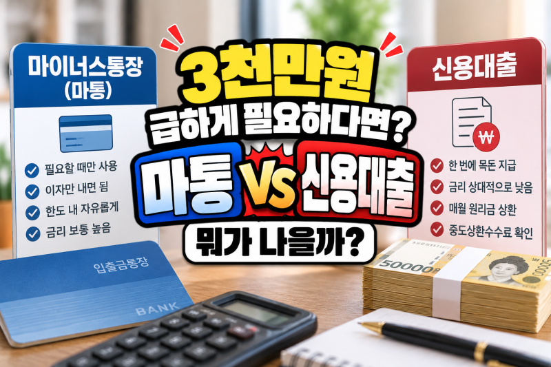 “3천만원 급하게 필요하다면?” 마통 vs 신용대출 뭐가 나을까