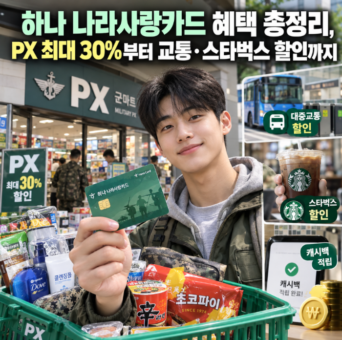 하나 나라사랑카드 혜택 총정리, PX 최대 30%부터 교통·스타벅스 할인까지