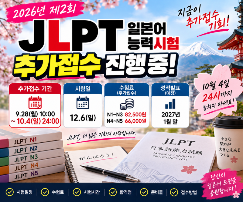 2026 JLPT 2회 추가접수 10월 4일 마감｜시험일·수험료·시험시간·합격점 총정리