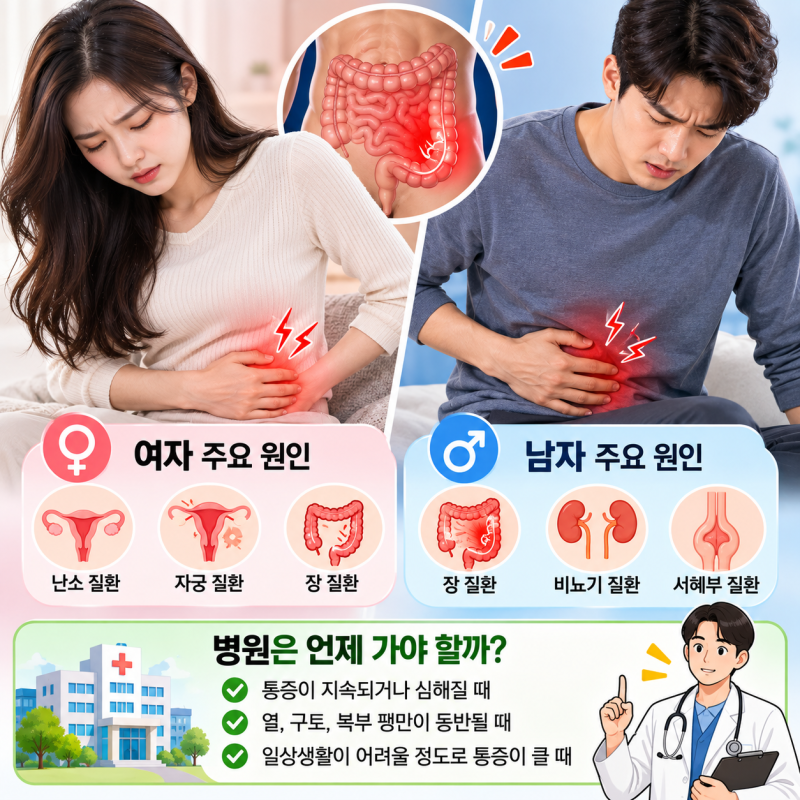 왼쪽 아랫배 콕콕 찌르는 통증, 여자 남자 원인 다르다는데 병원은 언제