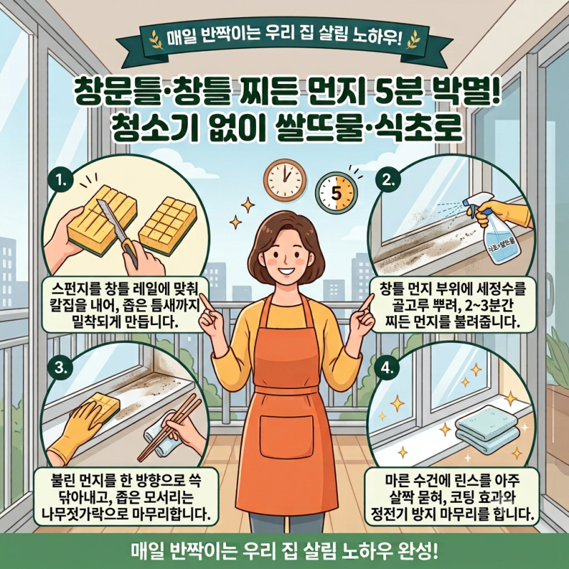 창문틀 찌든 먼지 청소! 청소기 없이 쌀뜨물·식초로 5분 만에 끝내는 법