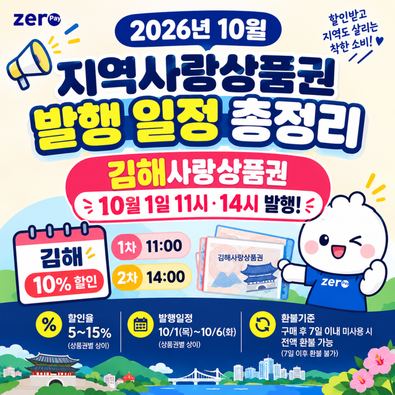 2026년 10월 지역사랑상품권 발행 일정 총정리｜김해사랑상품권 10% 할인