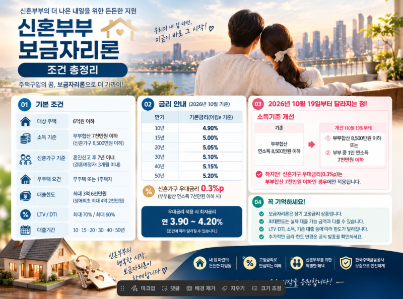 《신혼부부 보금자리론 2026년 10월 19일부터 달라지는 소득기준, 금리, 한도》 / 신혼부부, 예....
