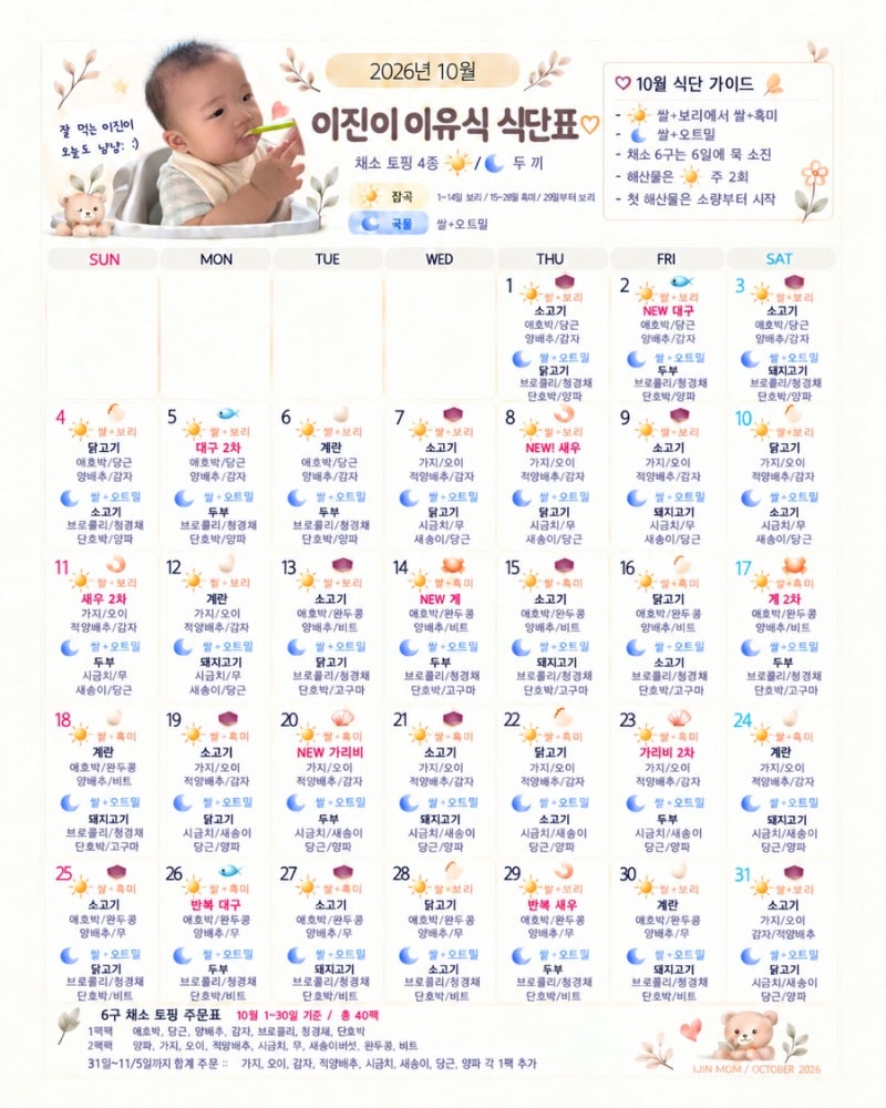 7개월 아기 두 끼 이유식 식단표｜기본 죽만 만들고 채소 토핑은 시판으로 준비한 10월 식단