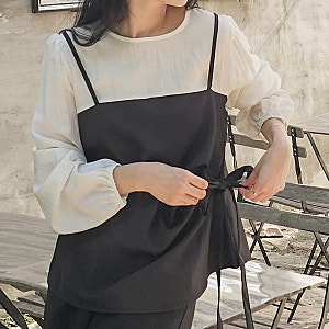 가을 뷔스티에 배색 레이어드 긴팔 블라우스 라운드넥 여성 빅사이즈