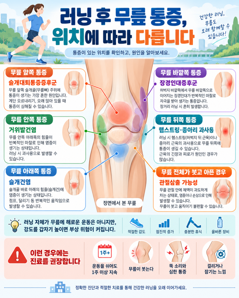 러닝 후 무릎 안쪽·바깥쪽·앞쪽 통증, 위치마다 원인이 다릅니다