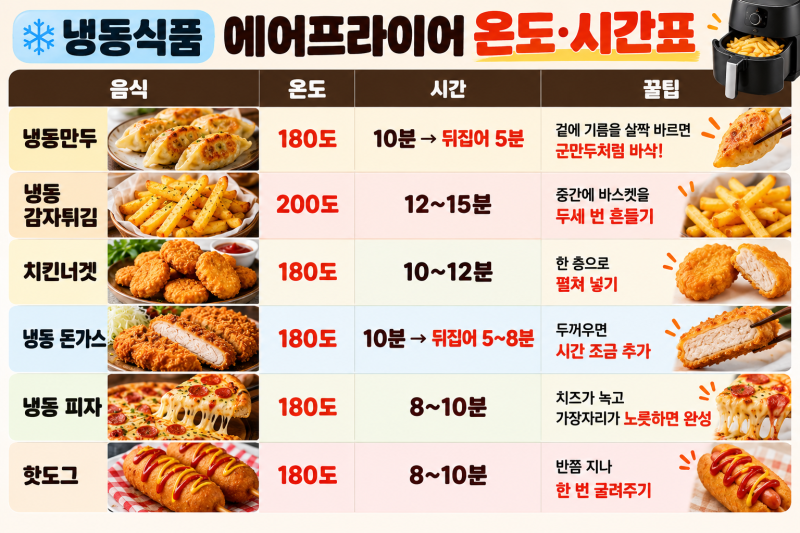 에어프라이어 온도 시간 총정리｜냉동만두·고구마·삼겹살·치킨 데우기까지 음식별 표
