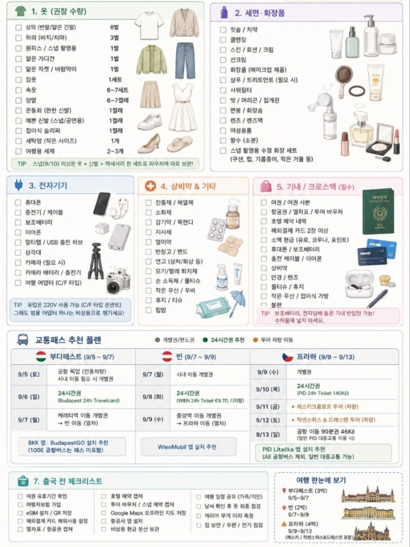 [신혼여행 준비] 8박 10일 동유럽 신혼여행 준비물 체크리스트｜부다페스트·빈·프라하 ✈️