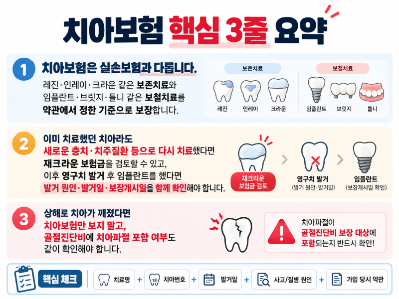 008-2 | 치아보험 어디까지 받을 수 있을까? 레진·크라운·임플란트·재치료·치아파절까지 정....