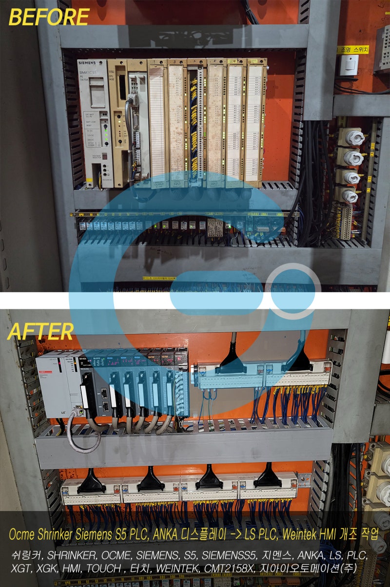 Ocme Shrinker Siemens S5 PLC→LS PLC, ANKA 디스플레이→Weintek HMI 개조 작업, 지아이오토메이션(주)