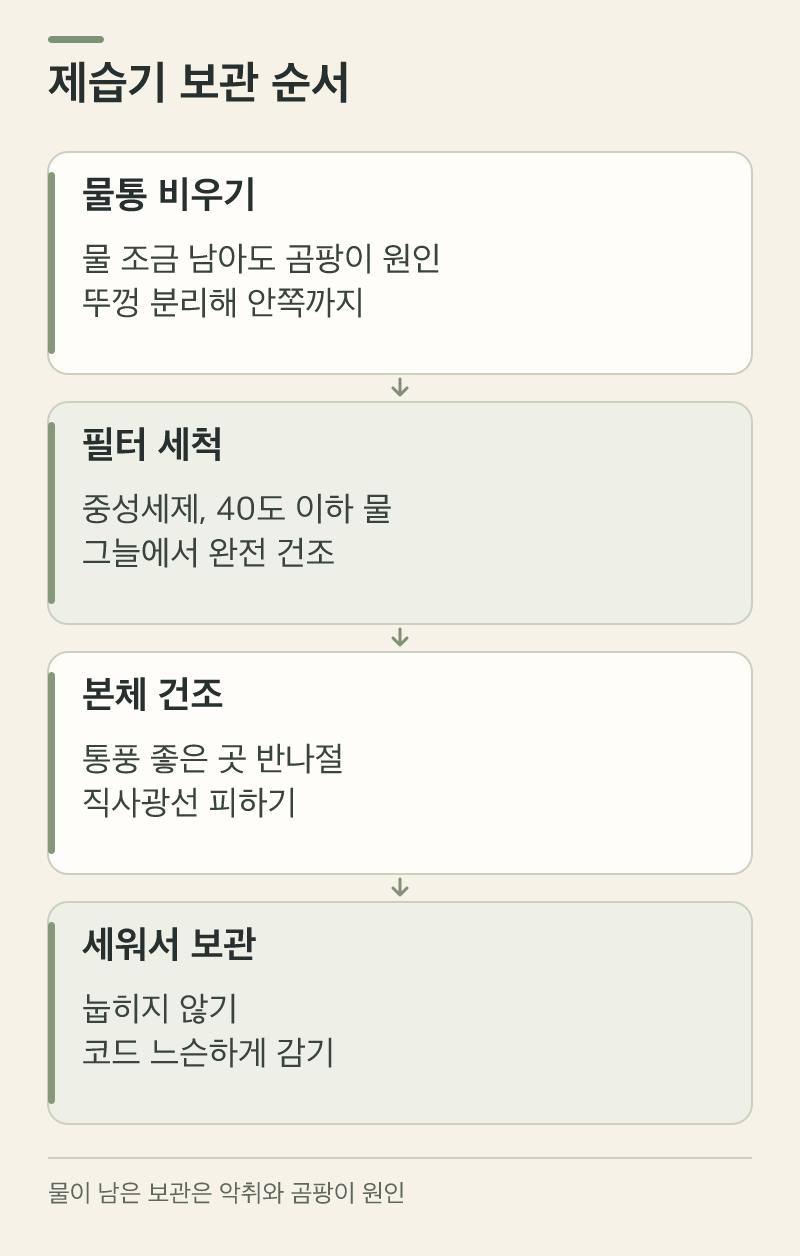 제습기 보관: 물통·필터 정리와 장기 보관 조건