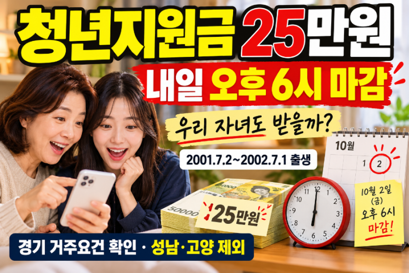 경기도 청년지원금 25만원, 내일 오후 6시 마감…우리 자녀도 받을 수 있을까?