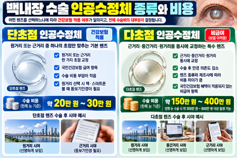 백내장 수술 비용 총정리: 단초점 vs 다초점 렌즈 가격 차이와 실비 적용 기준