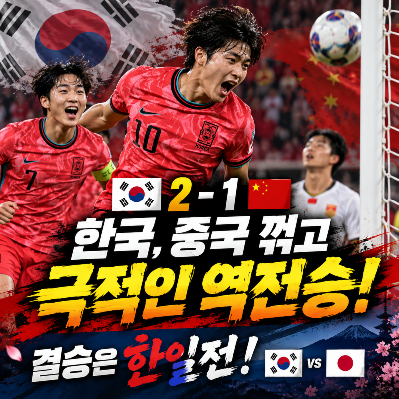중국 잡고 결승 진출! 한국 2-1 중국 역전승! 배준호 결승골·엄지성 2도움…결승은 한일전