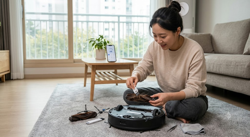 로봇청소기 메인 브러시 머리카락 엉킴 제거 및 센서 청소법
