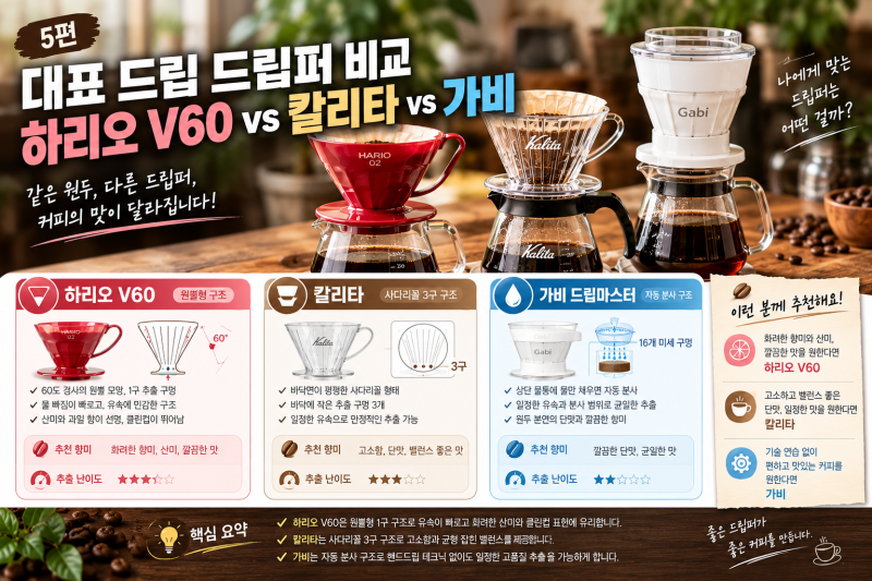 대표 드립 드립퍼 비교: 하리오 V60 vs 칼리타 vs 가비