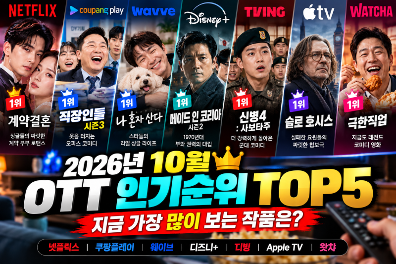 2026년 10월 OTT 인기순위 TOP5 ｜ 넷플릭스· 쿠팡플레이· 웨이브· 디즈니+ 지금 1위는?