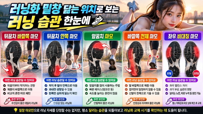 러닝화 밑창 닳는 위치로 보는 러닝 습관｜뒤꿈치·바깥쪽·안쪽 마모 차이